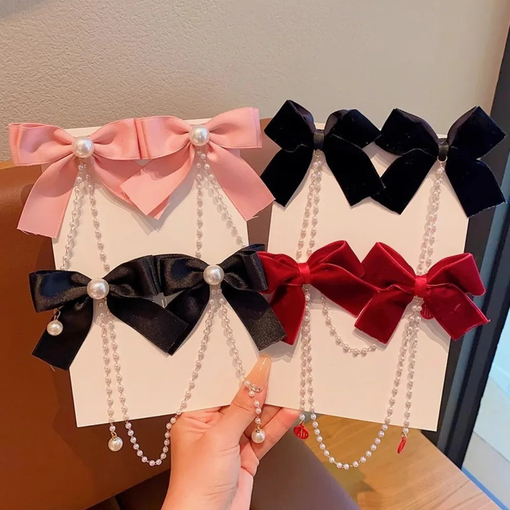 Dulce estilo princesa, perlas rosas, cadena de lazo, horquilla para el pelo para mujer, horquillas bonitas para la parte trasera de la cabeza para niñas, accesorios para el pelo