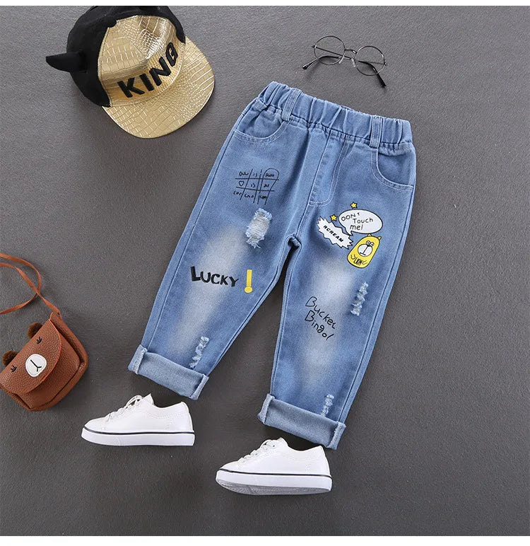 Jeans de niños de primavera otoño, pantalones vaqueros elásticos de algodón con estampado empalmado, pantalones de mezclilla coreanos para adolescentes, ropa infantil