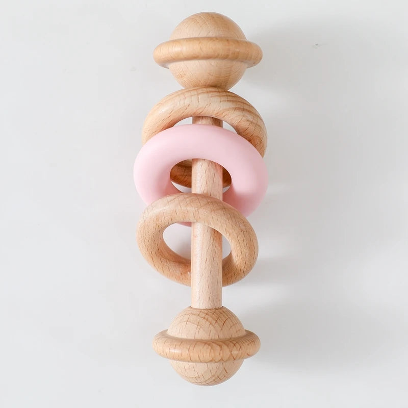 BPA-free Baby Toys Wooden Rattles Silicone Ring Rattles and Mobiles Babies 0–12 Months Sensory Toys Wooden Teether Baby Gifts
