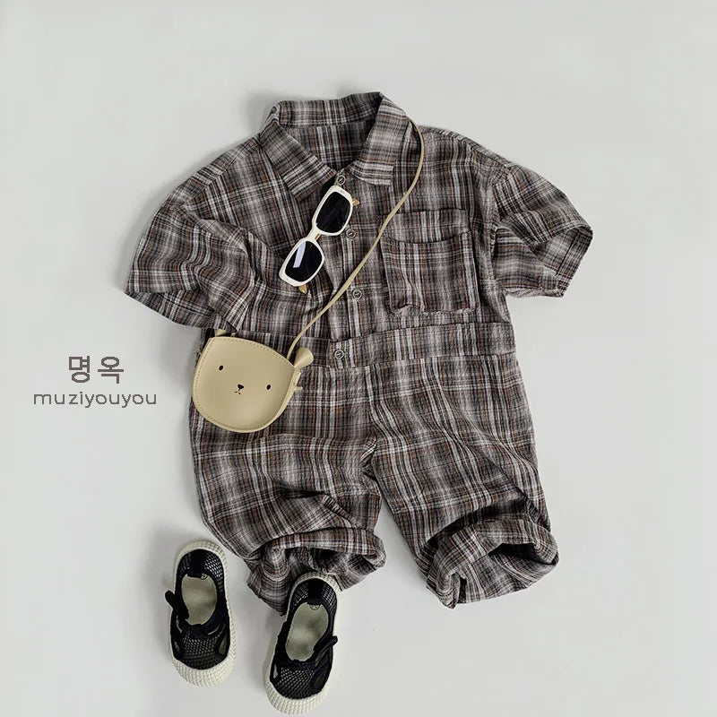 Children's Clothing Jumpsuit 2025 Spring/summer New Item for Boys and Girls, Thin Plaid Jumpsuit for Babies, Children's Pants
