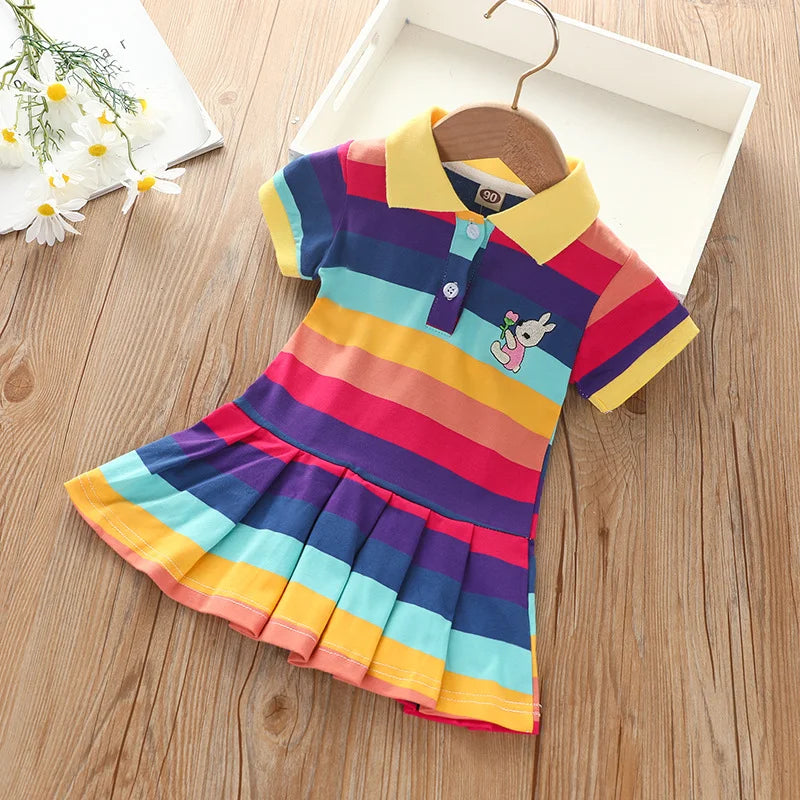 Mädchen Sommer Mode süßes Kurzarm Cartoon Hasen besticktes Regenbogenstreifen Baby Mädchen Prinzessinnenkleid