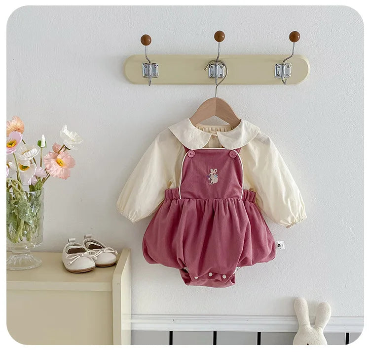 Baby Girl Two Piece Set Newborn Autumn Korean Children Clothing Baby Girls Solid Color Shirt Suspender Pants Cute Clothing