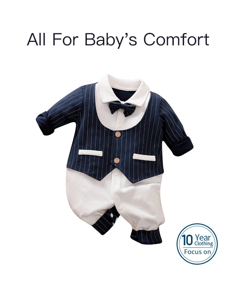 Ropa de bebé recién nacido primavera y otoño 0-18m, estilo caballero, vestido formal elegante, fiesta, algodón, cómodo, mono de bebé de manga larga