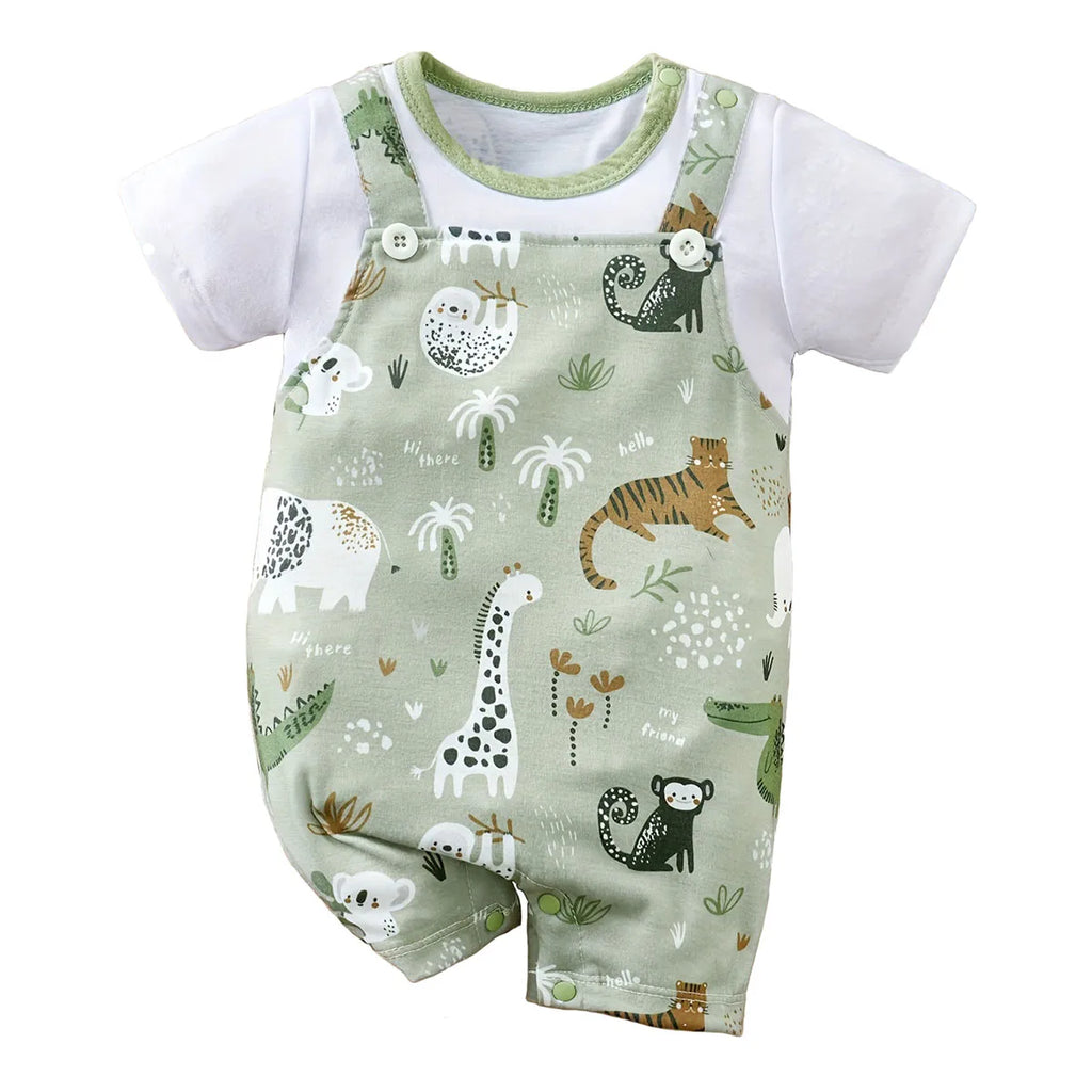 IURNXB Bezaubernder Strampler mit Zootier-Print für Jungen, Neugeborene, Baby, Faux-Zweiteiler, Body mit kurzen Ärmeln, Freizeitkleidung