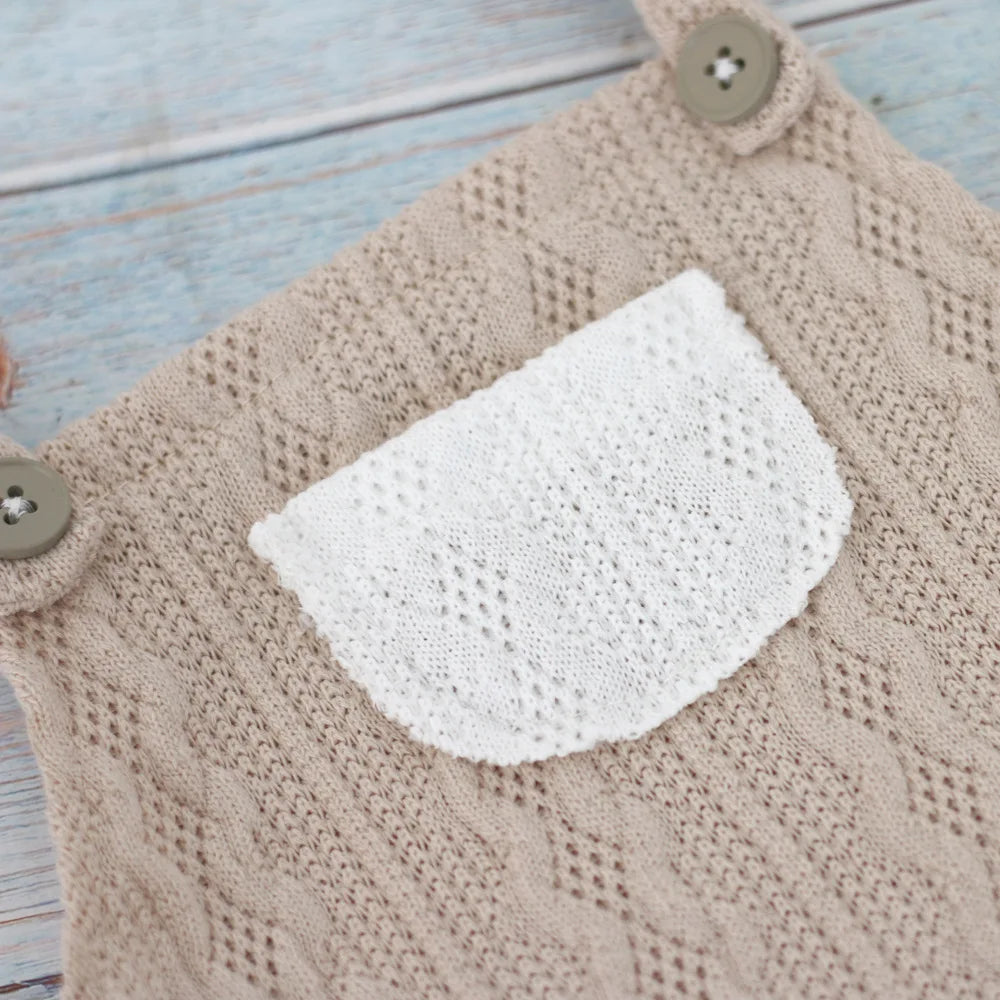 Ropa para fotografía de bebés recién nacidos, conjuntos de punto para sesión de fotos de bebés, pantalones con tirantes y gorro con pompón de piel.