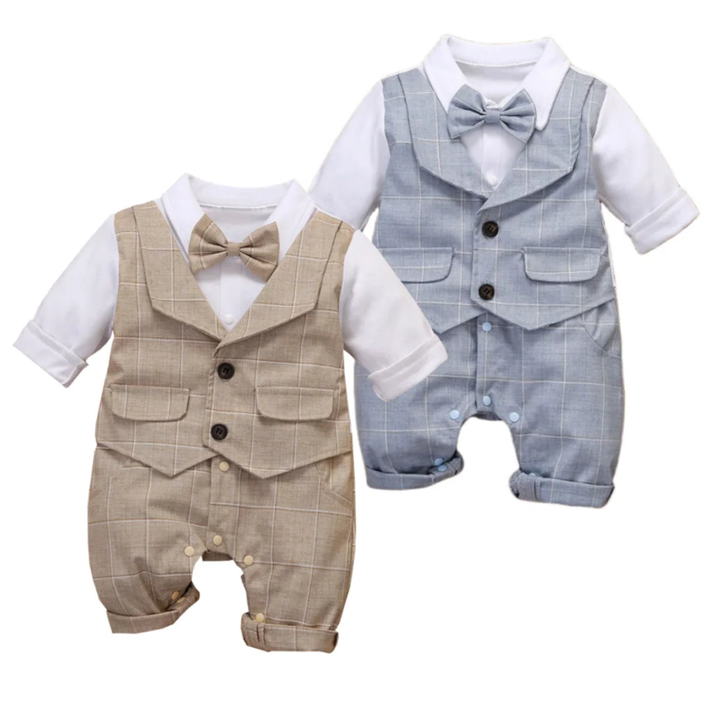 3-24M Festliches Jubiläumskleid Kleinkind Baumwoll-Partyanzug Baby Karo-Outfit Kleidung Neugeborener Jungen Weste Strampler Baby Geburtstag