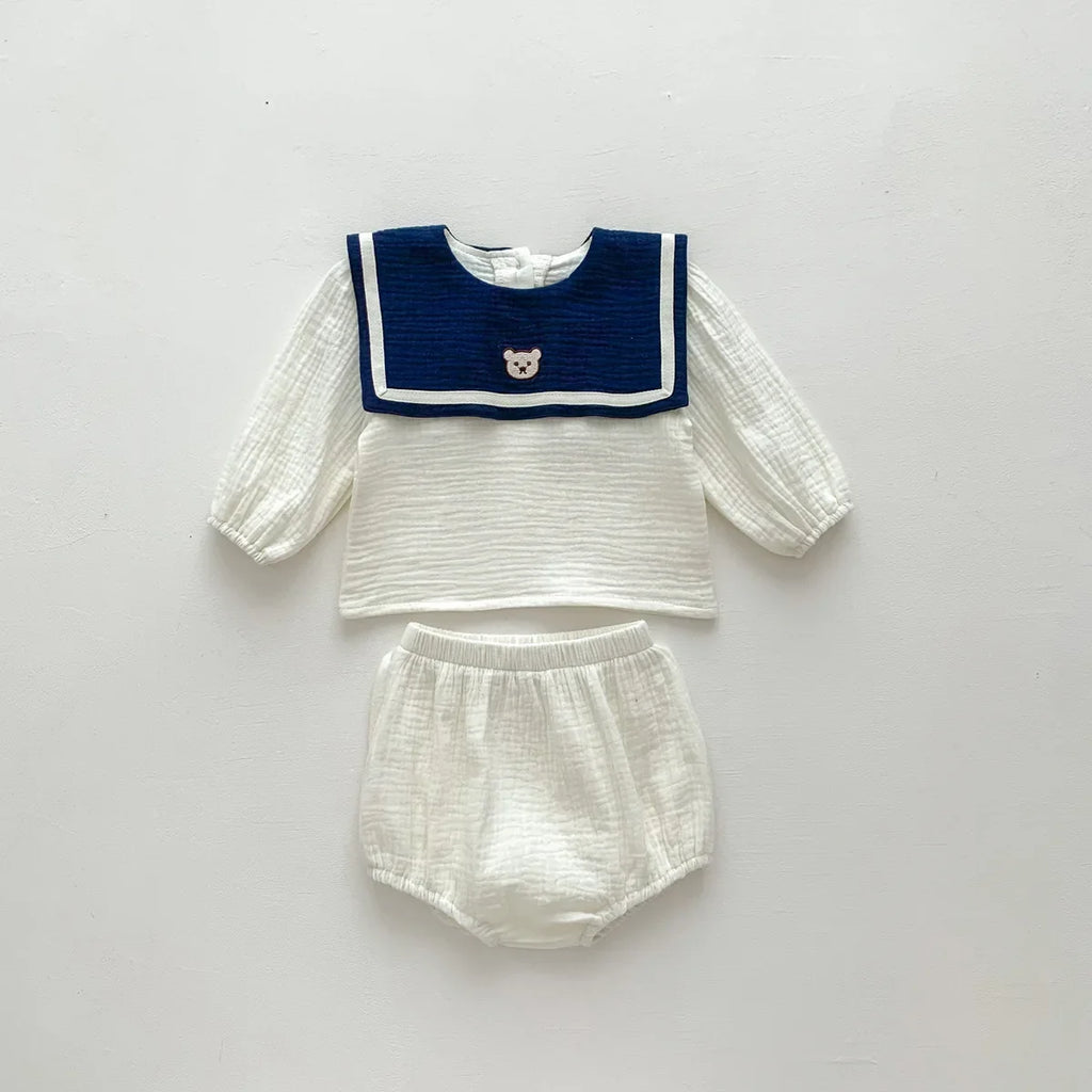 Neu im Herbst Kinder Baby Mädchen Langarm Marineführer Bären Oberteil T-Shirts + einfarbige Shorts Kleinkind Baby Baumwoll-Kleidungsset 2tlg.