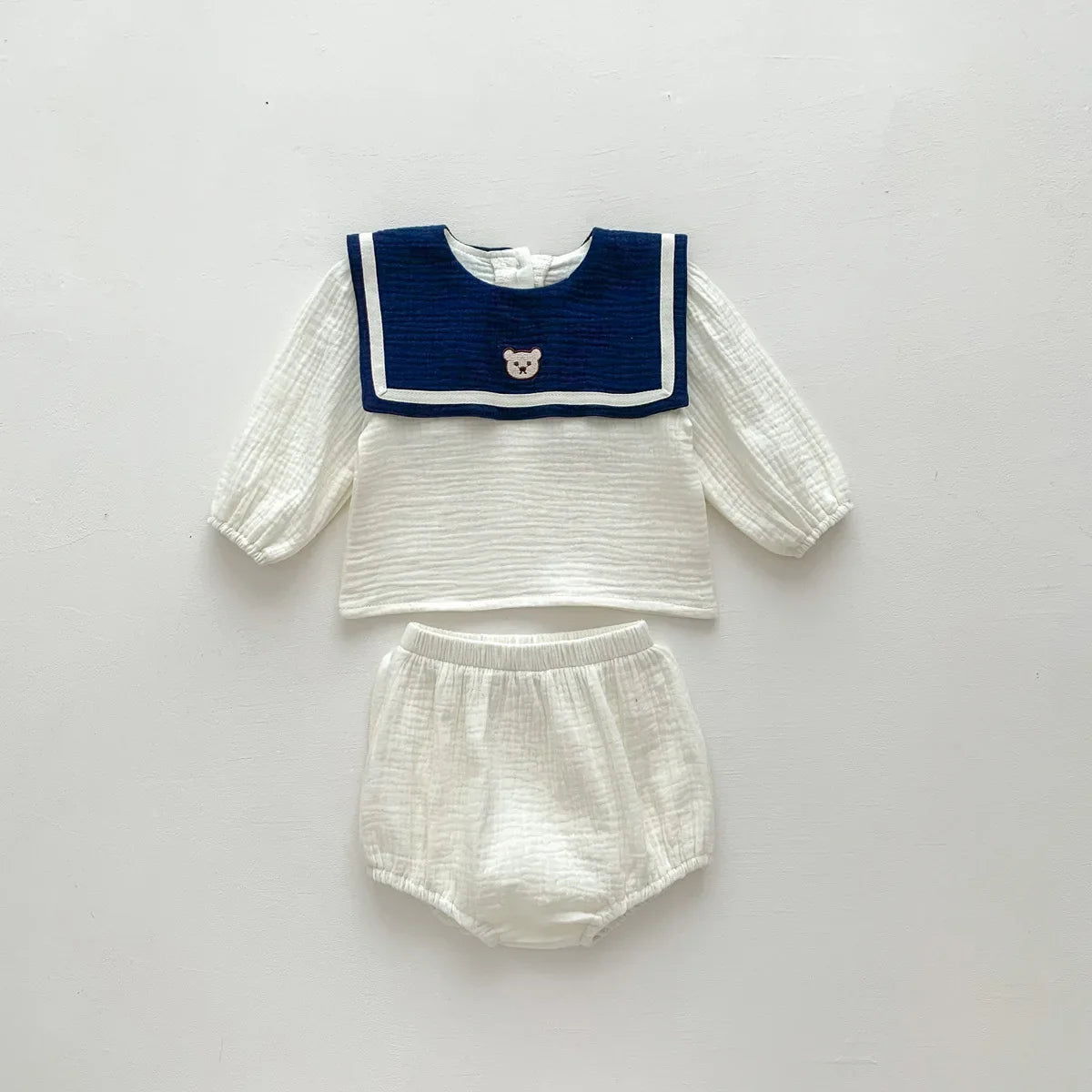 Neu im Herbst Kinder Baby Mädchen Langarm Marineführer Bären Oberteil T-Shirts + einfarbige Shorts Kleinkind Baby Baumwoll-Kleidungsset 2tlg.