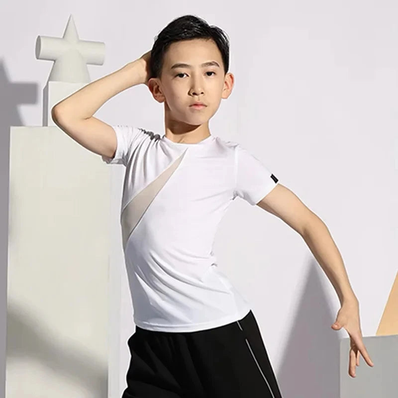 Boys Latin Dance Costume Short Sleeve Top Kids Latin Dancing Shirts Competition Performance Wear Samba Salsa Practice Clothing
