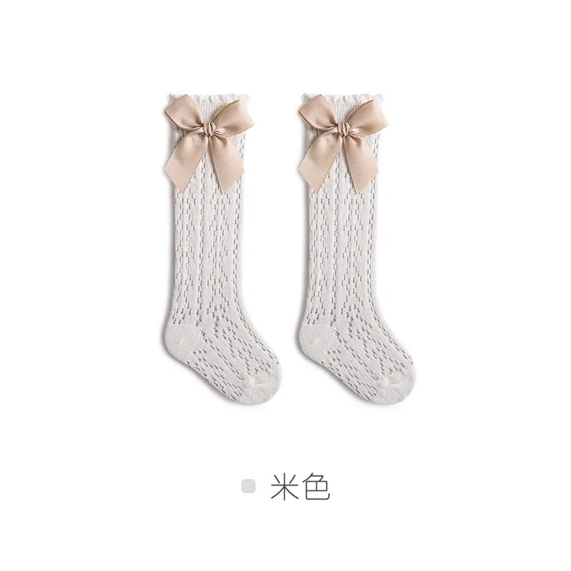 Baby Knee High Socks Kids Girls Boys Bow Long Sock Soft Cotton Mesh Breathable Children Hollow Out Socken for 0-3 Years Old