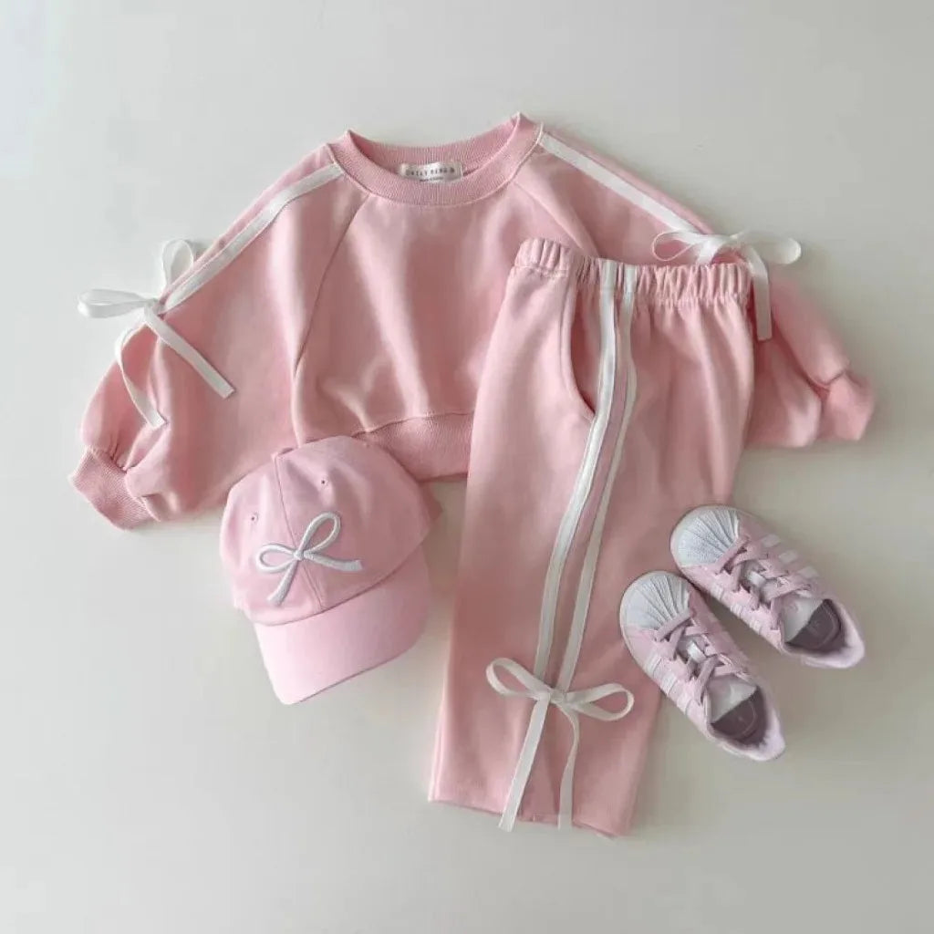 Baby Clothing Set Fashion Bow Decoration Pink Sports Top+Pants Two-piece Sets Sweatshirts Pant Suits 0-5 year old children's set