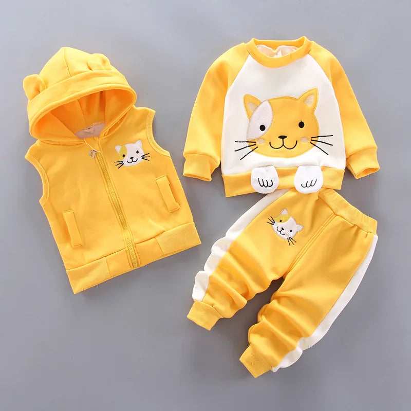 Winter Baby Fleece Clothing Sets Autumn Boys Girls Cotton Thicken Hooded Sweater Cartoon Bear Pants 3Pcs Kids Warm Outfits