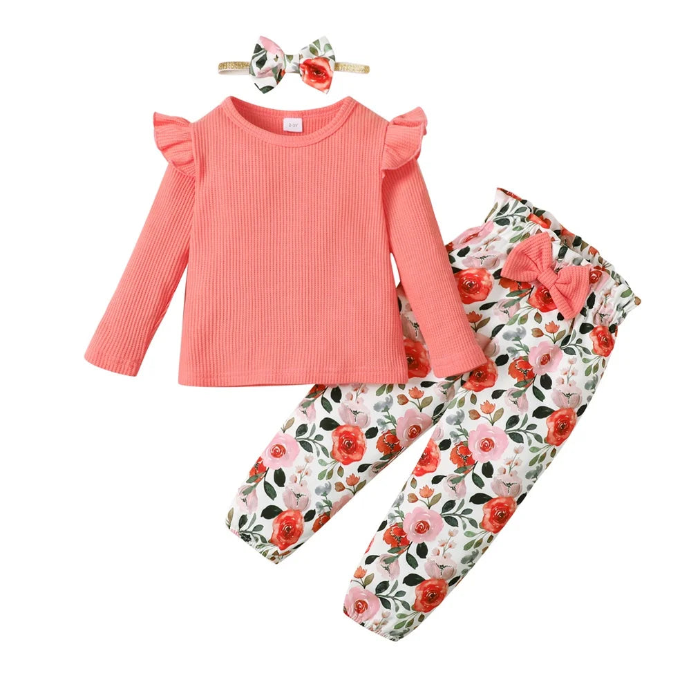 Conjunto de ropa de niña de 1 a 5 años, manga larga, top de color sólido + pantalones florales, conjunto de ropa de moda de primavera y otoño para niña pequeña