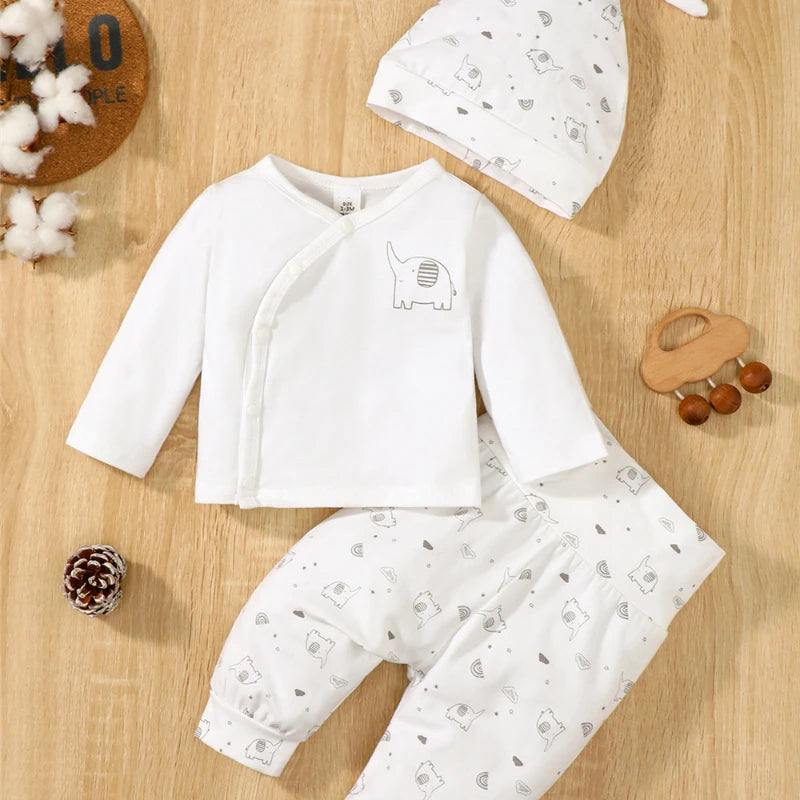 Conjunto de ropa diaria de 3 piezas para bebé niño/niña, top de manga larga con elefante + pantalón + gorro, trajes de primavera y otoño para bebés de 0 a 9 meses