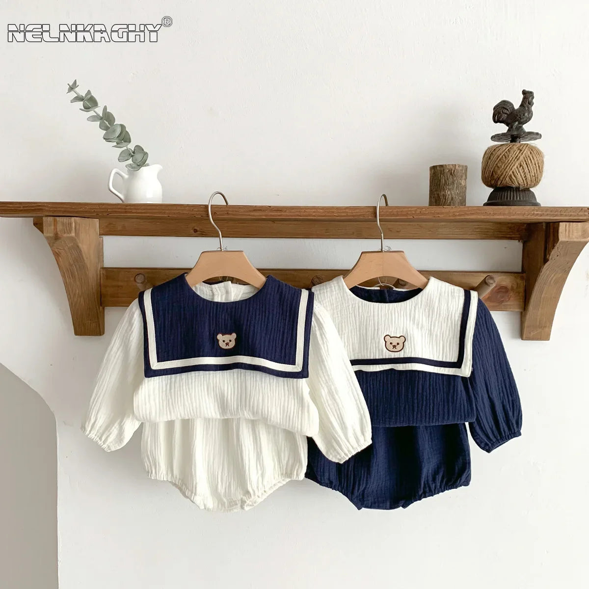 Neu im Herbst Kinder Baby Mädchen Langarm Marineführer Bären Oberteil T-Shirts + einfarbige Shorts Kleinkind Baby Baumwoll-Kleidungsset 2tlg.
