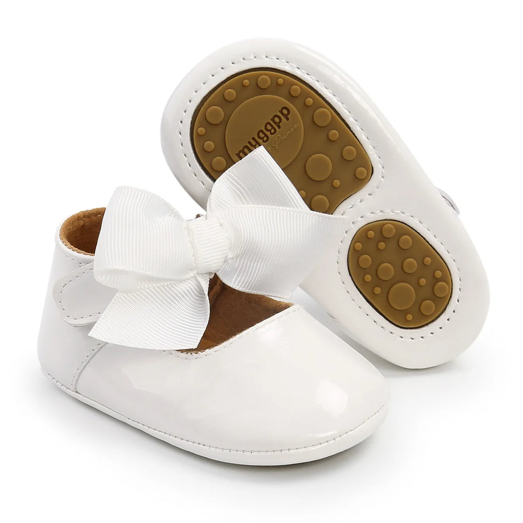 Bailarinas con nudo de lazo para bebé, suela de goma antideslizante, zapatos de PU para primeros pasos, zapatos de vestir para cuna de bebé