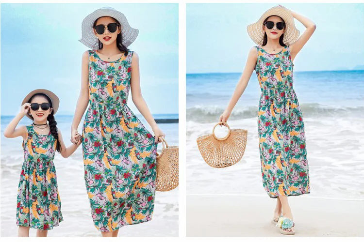 New Mother Daughter Summer Dresses Sleeveless Floral Flower Print Sundress Mom Mommy and Me Beach Dress Family Matching Outfits