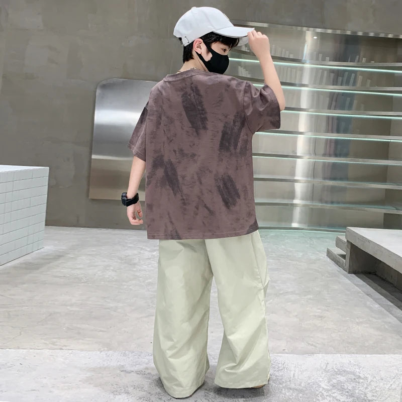 Jungen Sommerkleidung Oberteil und Hose Set für Teenager Kinder Freizeit Baumwoll-Outfit Anzug Braun Farbe Kinder Baumwollkleidungsset