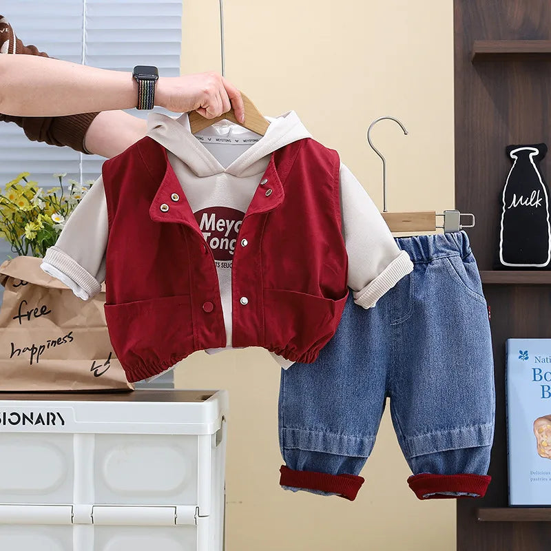 Jungen 3-teiliges Bekleidungsset Weste Hoodie Hose Herbst Frühling Neuer Stil Kinderkleidung Dreiteiliges Outfit für Kinder