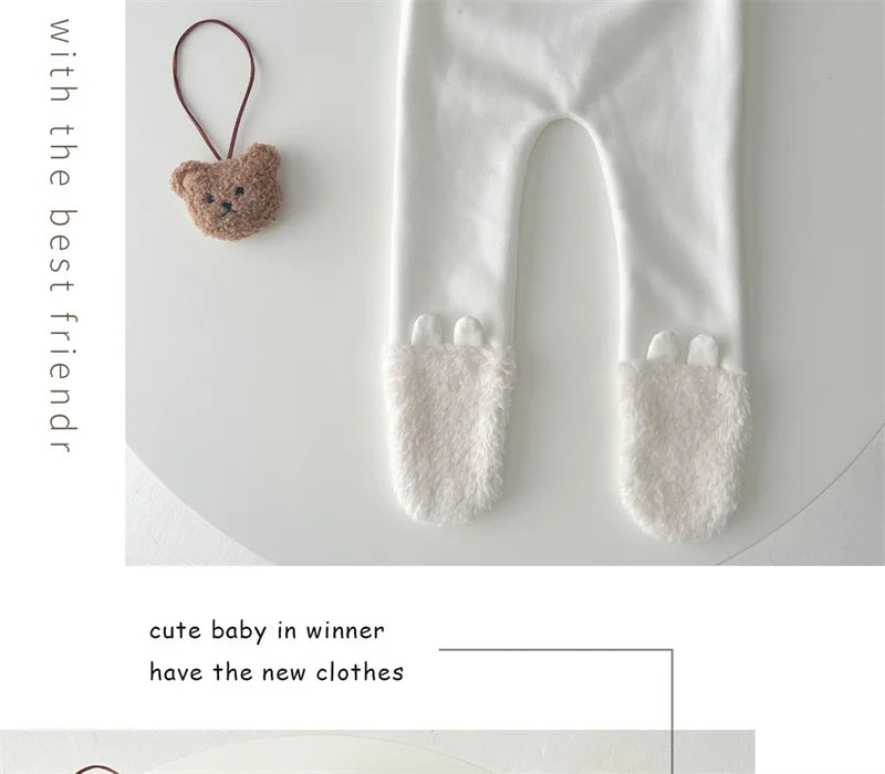Baby Clothing Autumn Winter Cute Hooded Cartoon Bear Baby Crawling Clothes Pajamas Warm Double-sided Plush Jumpsuit Trousers Set