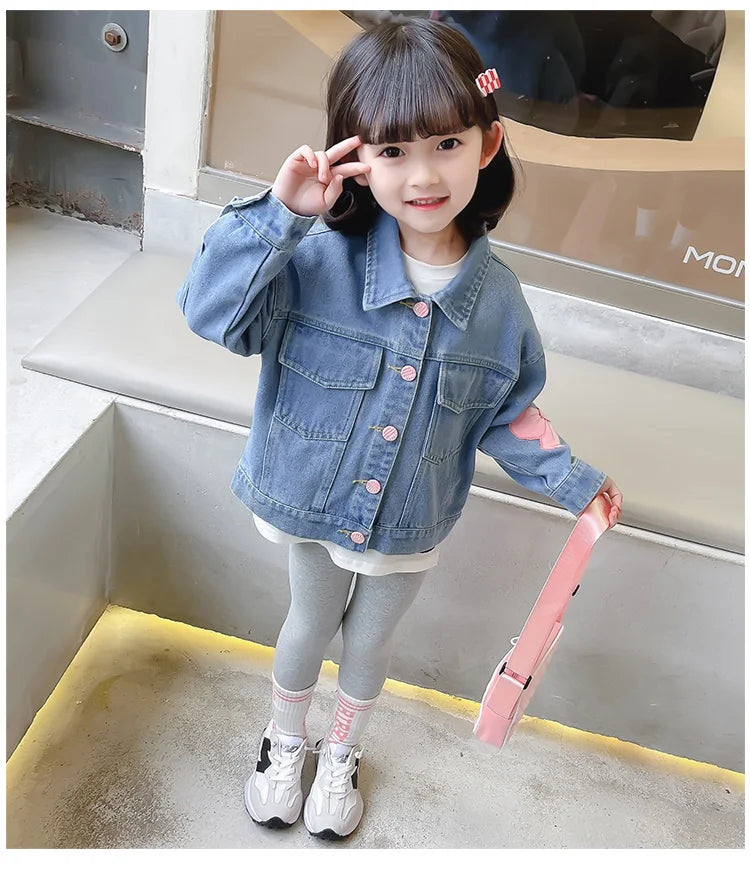 Lovely Style Babi Girls Casual Blue Denim Jacket Coat with Bow Embroidery Kids Child Fashion Spring Autumn Streetwear Outfit