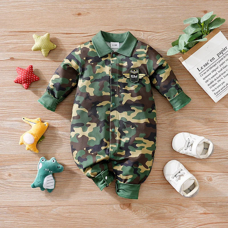 Newborn Clothes Cool Camouflage Badge Comfortable And Soft 0-18 Boys And Girls Spring And Autumn Long Sleeved Baby Jumpsuit