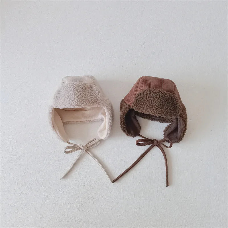 Otoño Invierno Niños Más Terciopelo Orejeras Cortavientos Frío Cálido Gorra de Pana Niño Niña Bebé Vellón Algodón Gorro Grueso Liso