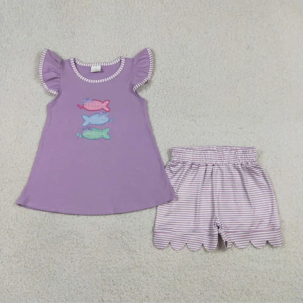 Summer clothing Baby Girls outfits Toddlers Girls wholesale boutique Embroidery Fishes Baby Girls Tunic Shorts Clothes