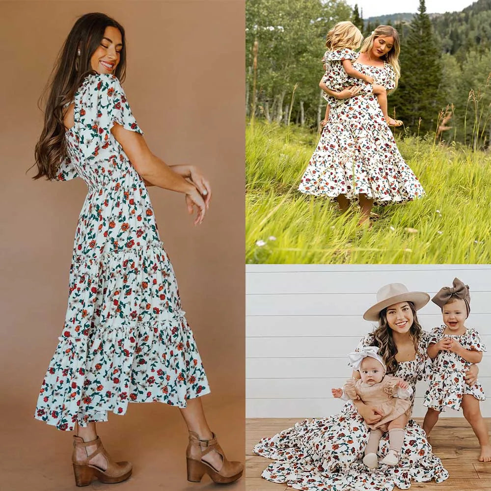 Mother and Daughter Matching Outfits Vestidos Family Matching Dresses Floral Printed Beach Family Look Dress