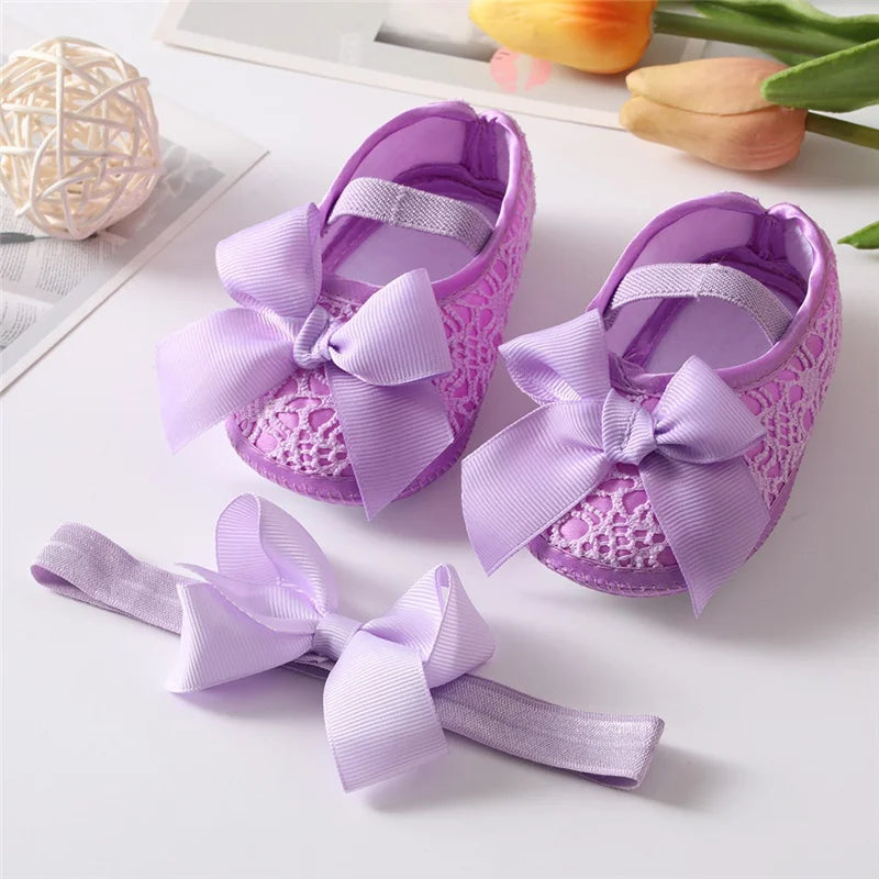 Cute Bowknot Baby Shoes for Spring Autumn First Walker Breathabled Anti-skidding Sandals 0-1 Years Old Solid Lace With Hairband