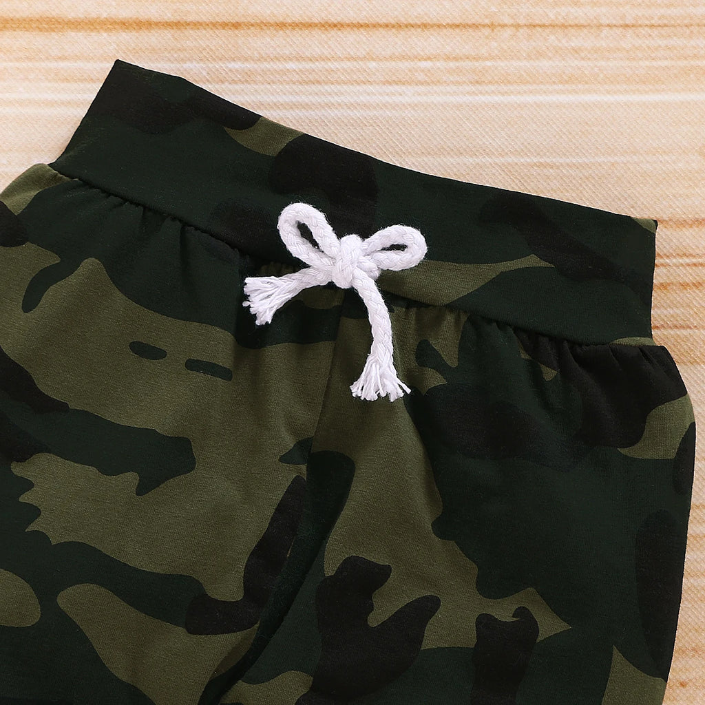 0-18 Monate Neugeborenes Baby Jungen Kleidung Set Buchstaben Print Kurzarm Body+Camouflage Hose+Mütze 3-teiliges Kleinkind Jungen Sommer Outfit