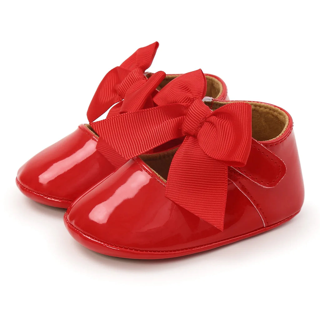 Bailarinas con nudo de lazo para bebé, suela de goma antideslizante, zapatos de PU para primeros pasos, zapatos de vestir para cuna de bebé