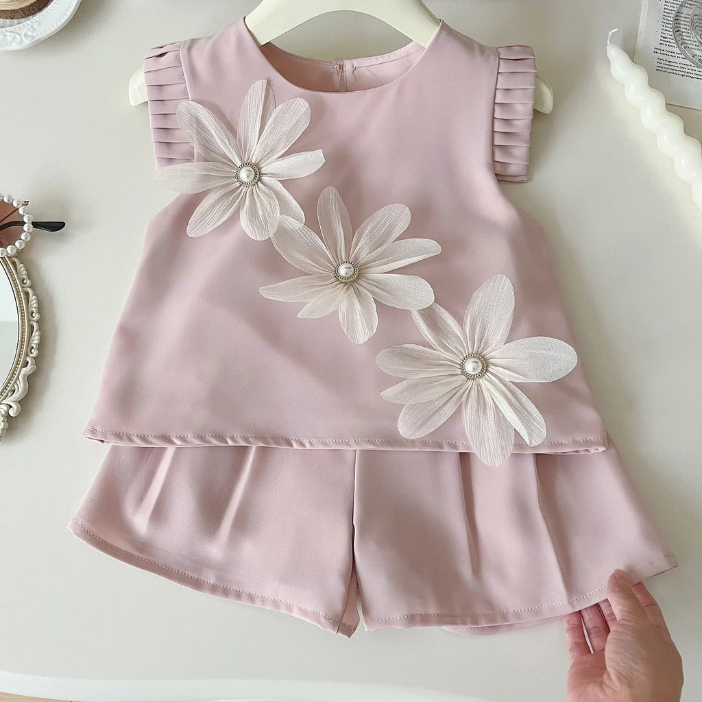Kinderanzug für Mädchen Sommer Niedlich Drei Blumen Kurzarm-T-Shirt + Shorts 2-teilige Sets Freizeit-Outfit Baby Kinder Kleidung