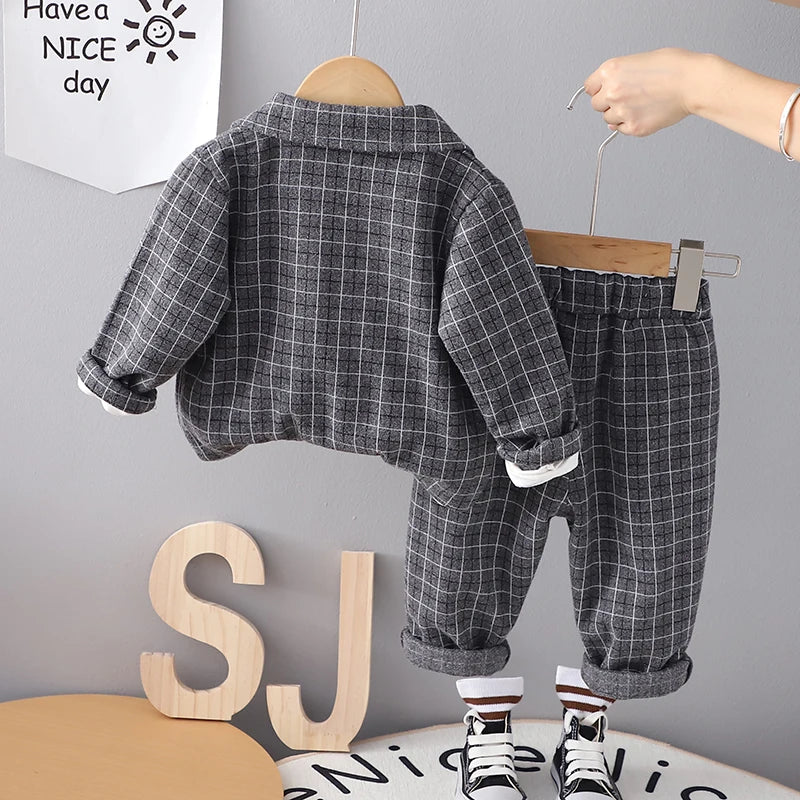 Children Clothing Spring Autumn Baby Boys Wear Infant Lapel Plaid T-Shirt Pants 3pcs/sets Toddler Casual Suit 0-5 Years