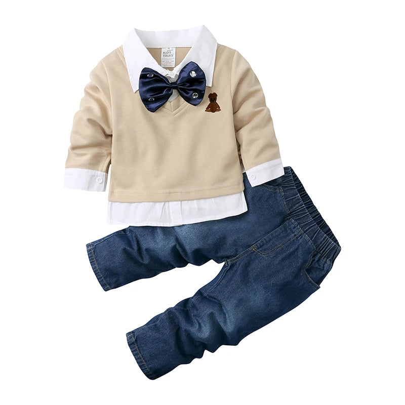 2025 Recién llegados Bebés Niños Otoño Algodón Sudadera con capucha Traje de vaquero Niños pequeños Caballero Pajarita Falso dos piezas Ropa para niños