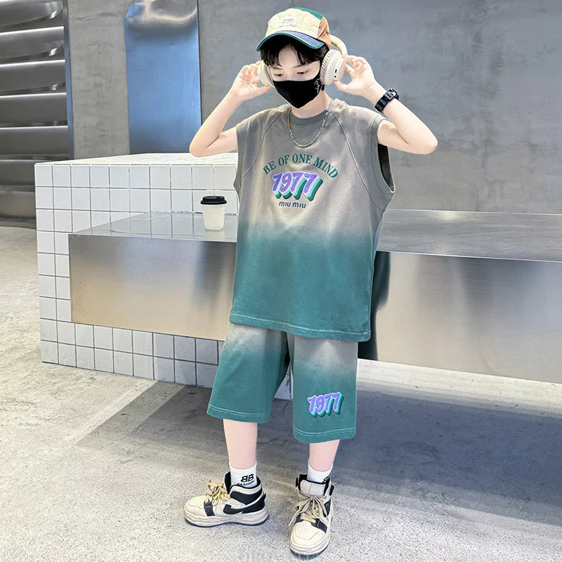 Jungen Sommer Kleidung Set Neu Lässiges Baumwoll Gradient T-Shirt & Shorts 2-teiliger Anzug Kinder Teenager Luxus Kleidung Trainingsanzug