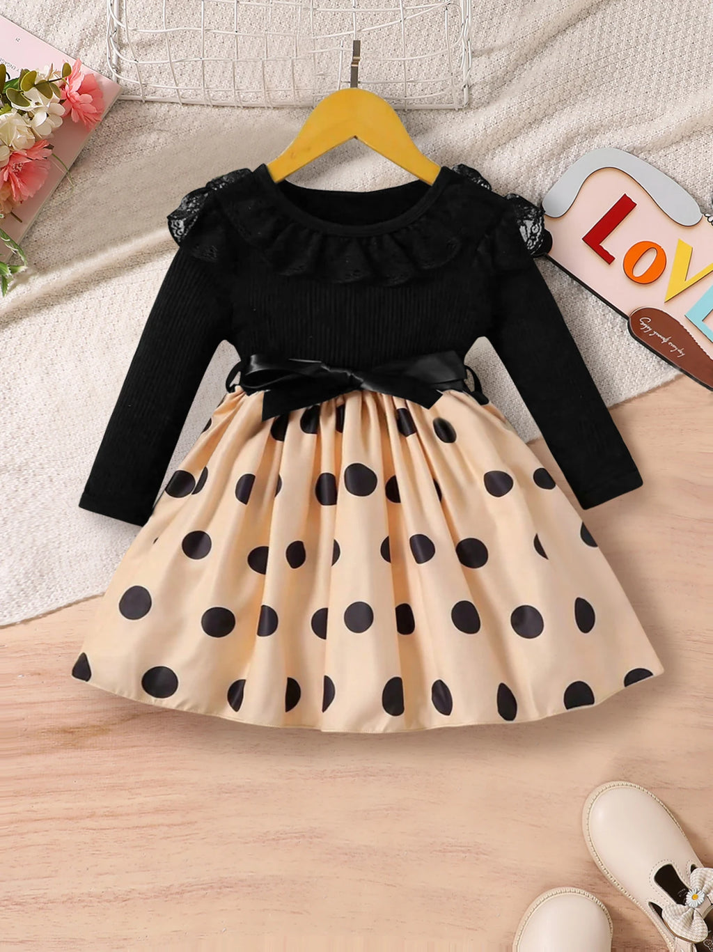 Baby Girl's Elegant Spring and Autumn Dress, Baby Girl's Lace Mesh Edge Round Neck Soft Long-Sleeve Patchwork Polka Dot All-Over Print Mid-Length Dress, Toddler Outdoor Elegant and Comfortable Clothing, Baby's Daily Outing Si