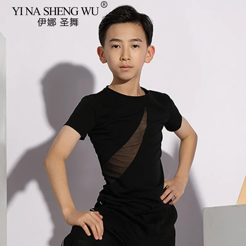 Boys Latin Dance Costume Short Sleeve Top Kids Latin Dancing Shirts Competition Performance Wear Samba Salsa Practice Clothing