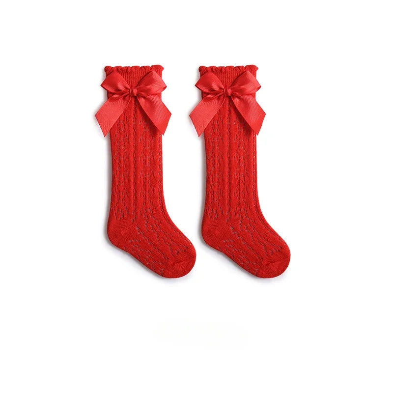 Baby Knee High Socks Kids Girls Boys Bow Long Sock Soft Cotton Mesh Breathable Children Hollow Out Socken for 0-3 Years Old