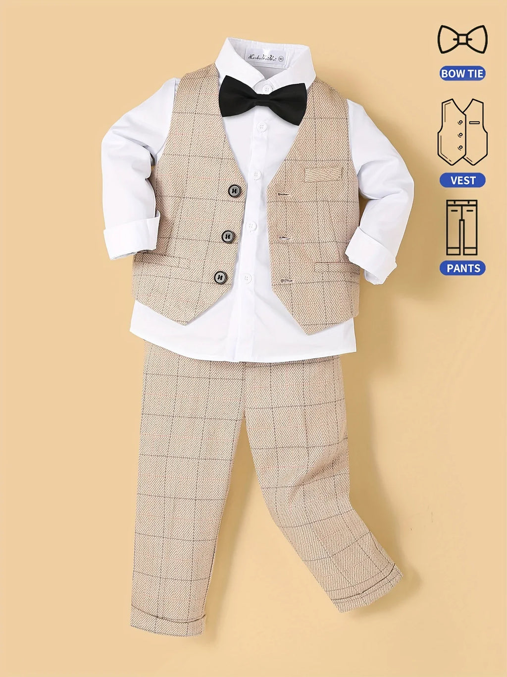Atuendo de niño florista para bodas, chaleco formal, pantalones, pajarita, conjunto de 3 piezas para actuación de anfitrión de piano/discursos.