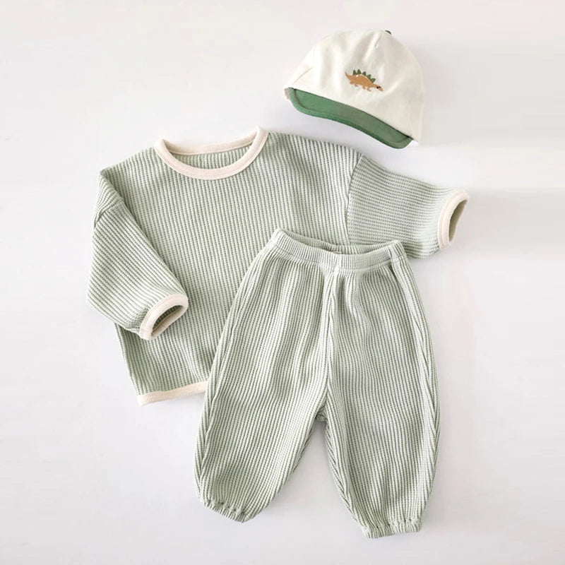 Koreanischer Stil Kinder Kleidung Anzug Waffel Pullover+Hosen Baby Jungen Mädchen Kleidung Set Frühling Herbst Kinder Kleidung Anzug