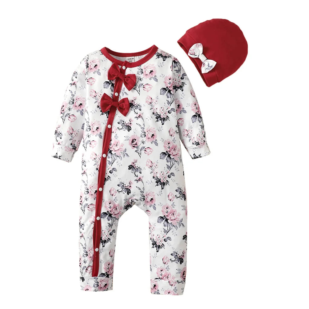 0-18 Monate Neugeborenes Baby Mädchen Strampler Kleidung Langarm Blumen Body Kostüm Süßer Baby Frühlings-Jumpsuit mit Hut