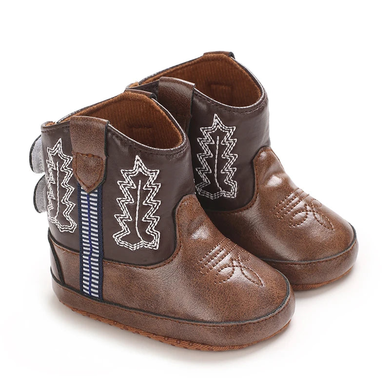 Leather Western Boots Cowboy Bootie Soft Sole Non-Slip Crib Shoes for Baby Infant Toddler Girls Boys Newborn