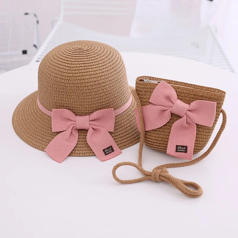 Summer Girls Beach Sun Hats Lotus Leaf Brim Cute Squinting Eyes Bowknot Outdoor Sun Protection Children Straw Cap Kids