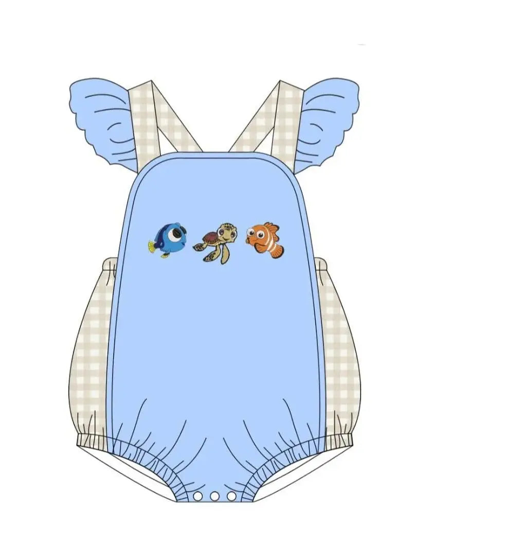 Cartoon Boutique Clothe Baby Romper Green Plaid Fishes BoysGirls Sets Print Toddler Girls Clothing Children Summer Sets