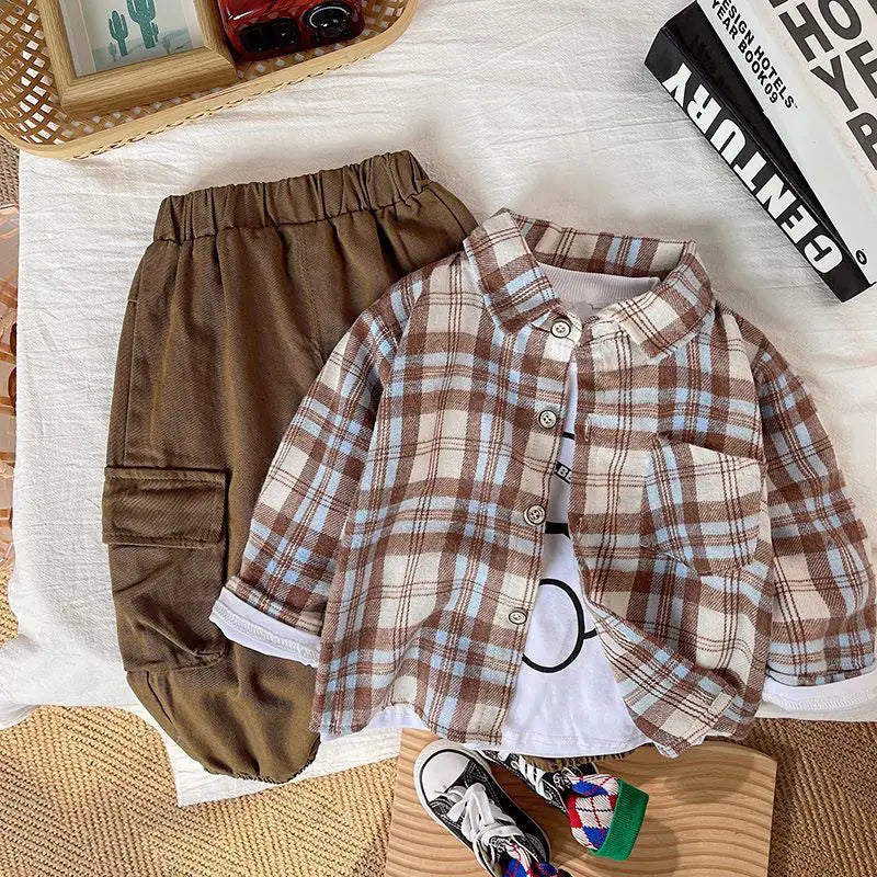 Boys 3 Piece Set Spring Autumn Clothing Suit Long Sleeved T-shirt Checkered Shirt Ankle-length Pants Kids Set Outfits Boys 1-5 Y