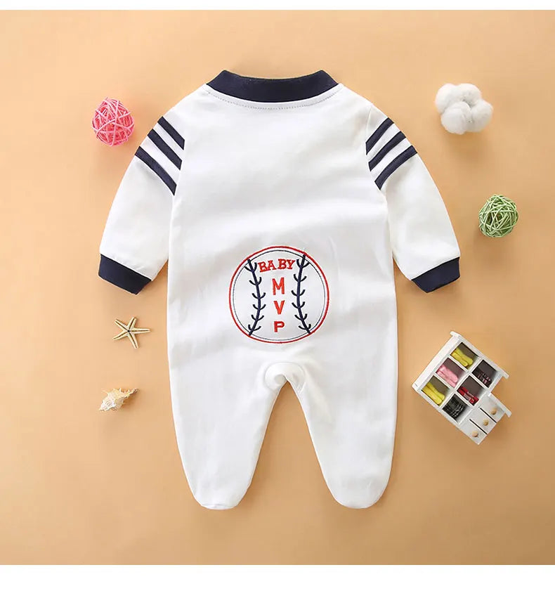 Baby jumpsuit spring & fall pure cotton long-sleeved newborn clothes 0-1 year old baby baseball uniform foot-covering hoodie