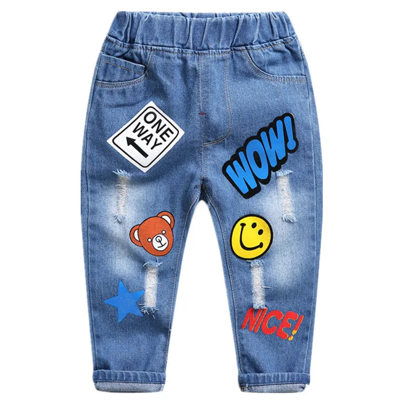 Jeans de niños de primavera otoño, pantalones vaqueros elásticos de algodón con estampado empalmado, pantalones de mezclilla coreanos para adolescentes, ropa infantil