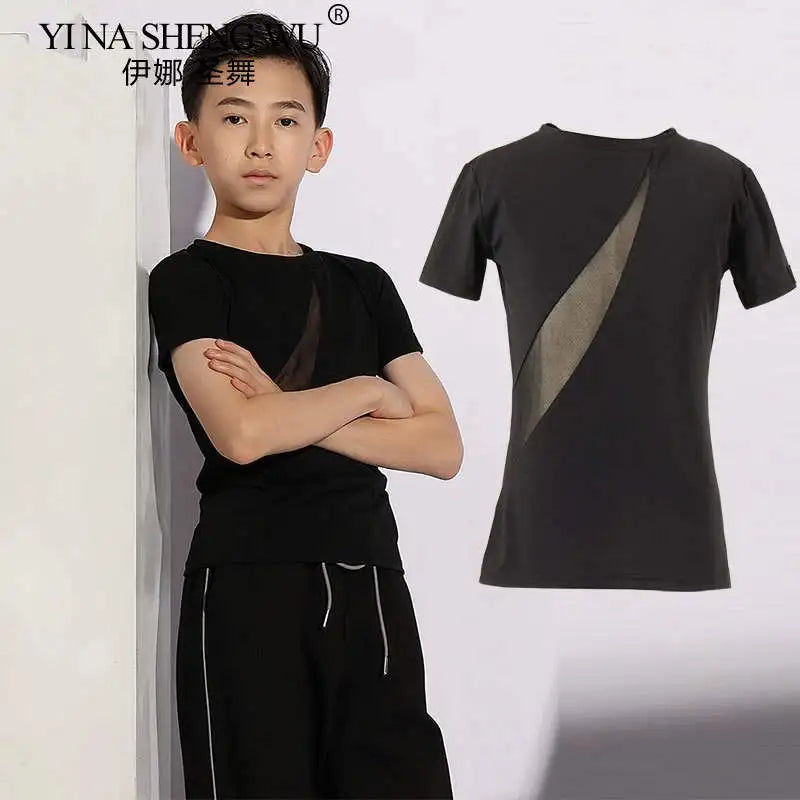 Boys Latin Dance Costume Short Sleeve Top Kids Latin Dancing Shirts Competition Performance Wear Samba Salsa Practice Clothing