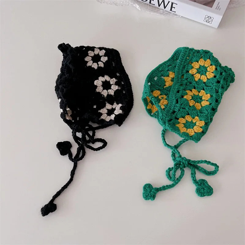 Miniainis Baby Handmade Flower Headbands Kids Retro Hollow Out Hair Ribbons Girls Children Cotton Knitted Infant Accessories